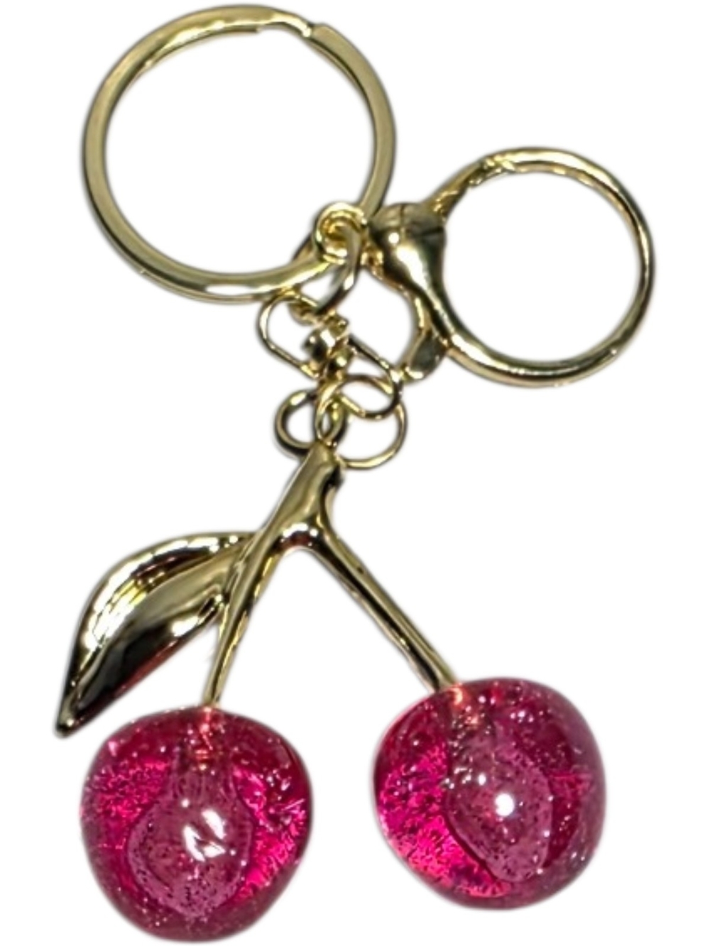Gold Cherry Keychain with Pink Glass Charms